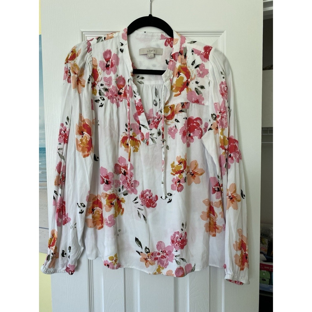 LOFT Watercolor Floral Peasant Blouse Size M WhitePinkOrange TieFront Split Neck